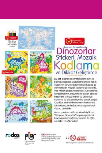 Dinozorlar Stickerlı Yapışkanlı Çıkartma Mozaik Kodlama ve Dikkat Geli